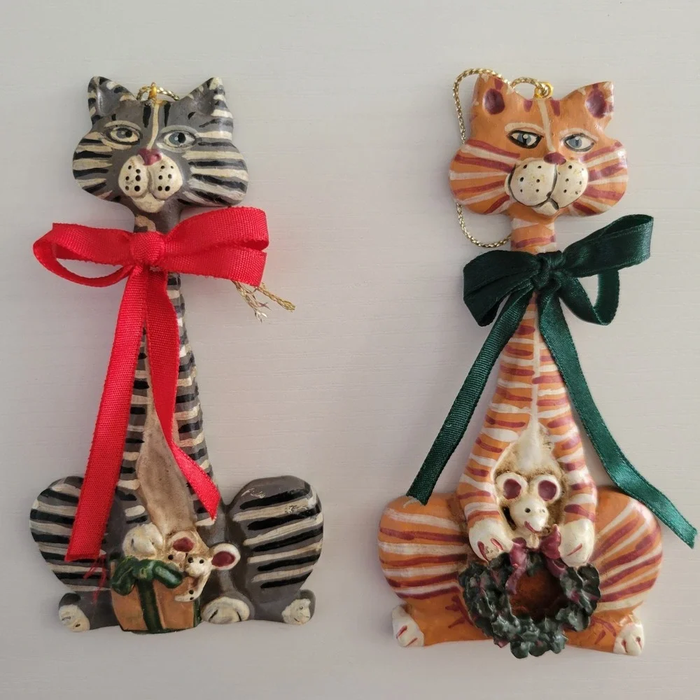 Vtg Kurt Adler Christmas Ornaments (2) Cats Kitty Whimpsical Tiger Tabby Mouse